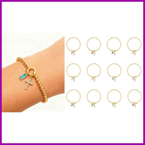 Gold Beaded Stretch Bracelet with Cross Charm and Birthstone - Picture 8 of 8